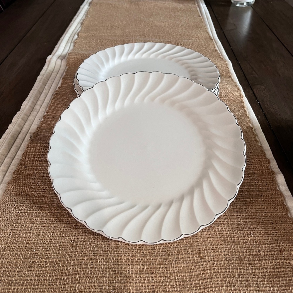 Salem Swirl Platinum Tiara Dinner Plates, Set of 6, White with Silver Trim